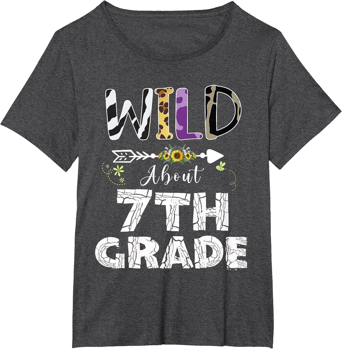 Wild About 7th Grade Flower Leopard Print Teacher Student T-Shirt - Dark Heather Grey