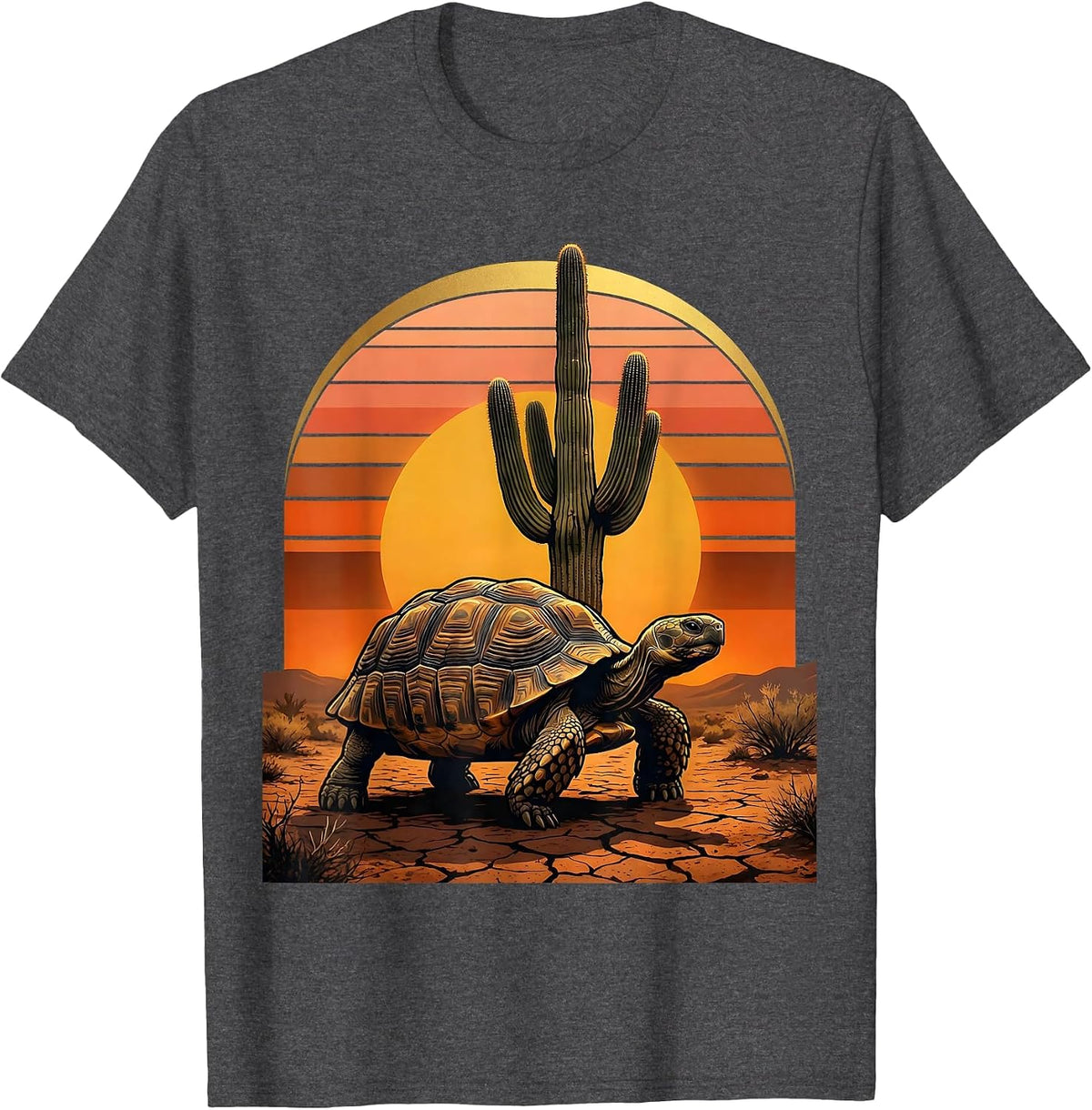 Desert Tortoise and Cactus Mexico Wildlife Art T-Shirt - Dark Heather Grey