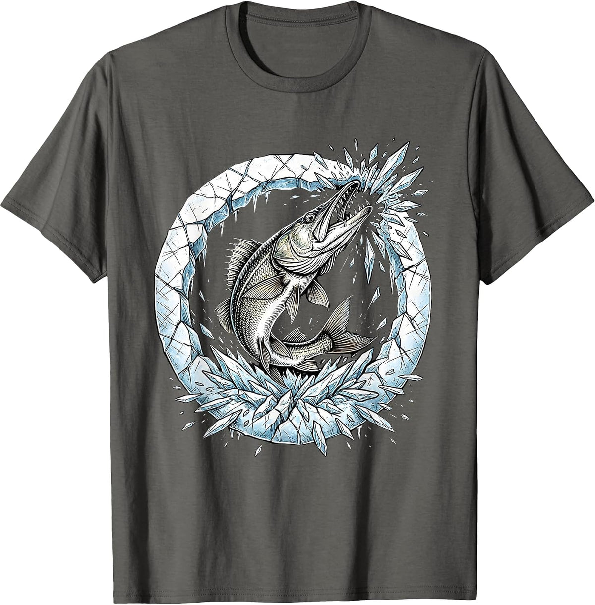 Pike Bursting Through Ice Hole Fishing Graphic T-Shirt - Asphalt Grey