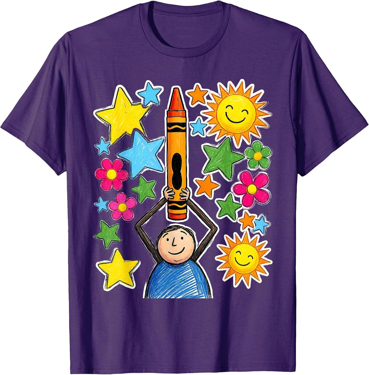 Men's Kindergarten Teacher Crayon Trophy Illustration T-Shirt - Purple