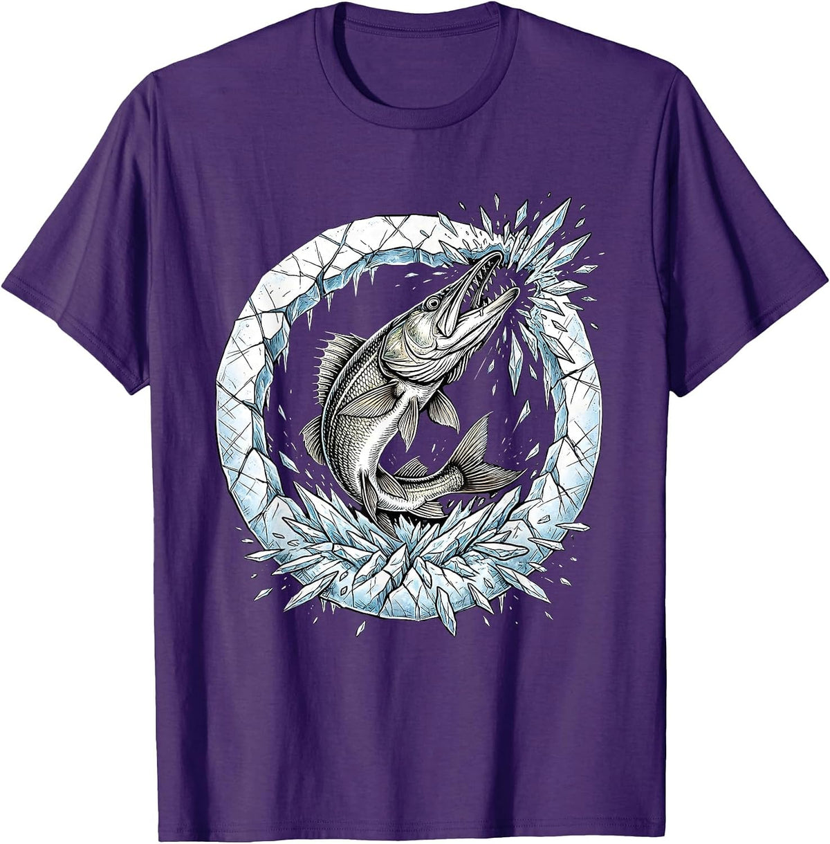 Pike Bursting Through Ice Hole Fishing Graphic T-Shirt - Purple