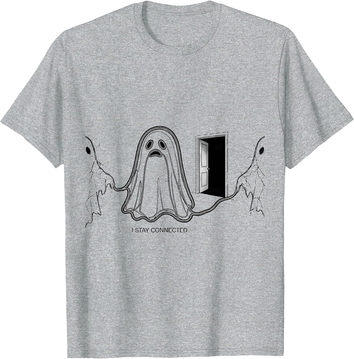 Men's I Stay Connected Supportive Humor Ghost Line Art Halloween T-Shirt - Heather Grey