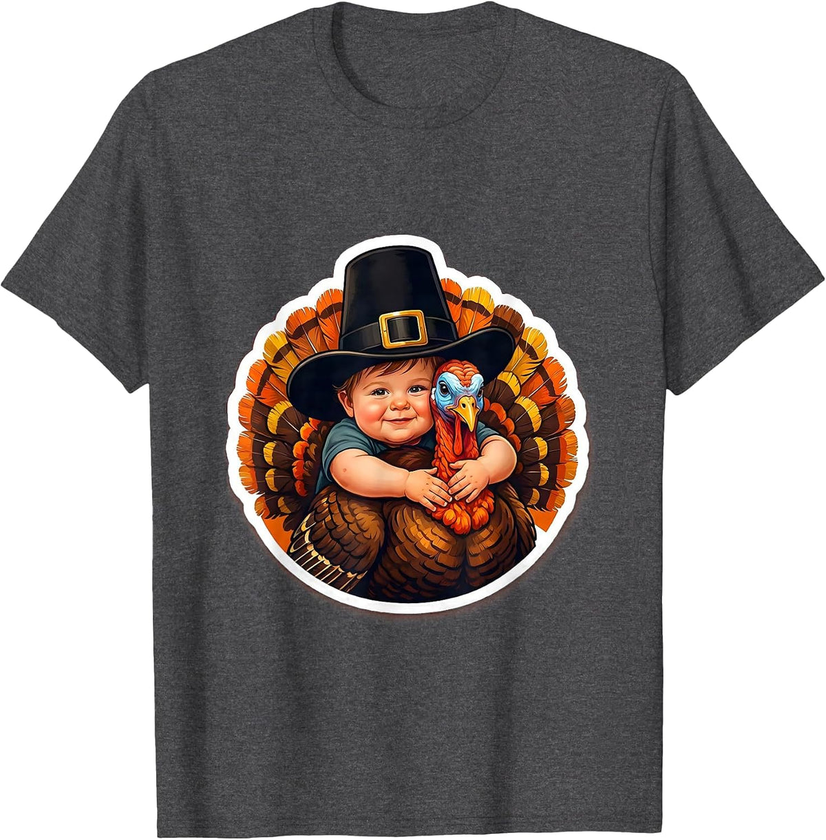 Toddler Pilgrim Hugging Turkey Thanksgiving T-Shirt - Dark Heather Grey