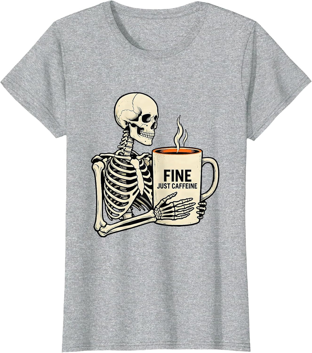 Fine, Just Caffeine Whimsical Dry Humor Halloween Skeleton T-Shirt - Heather Grey