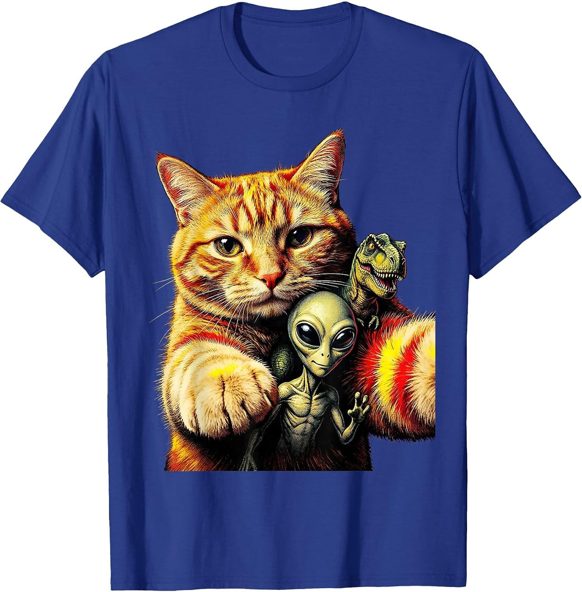 Oversized Cat Selfie Alien Dinosaur Pulp Cover Novelty T-Shirt - Royal Blue