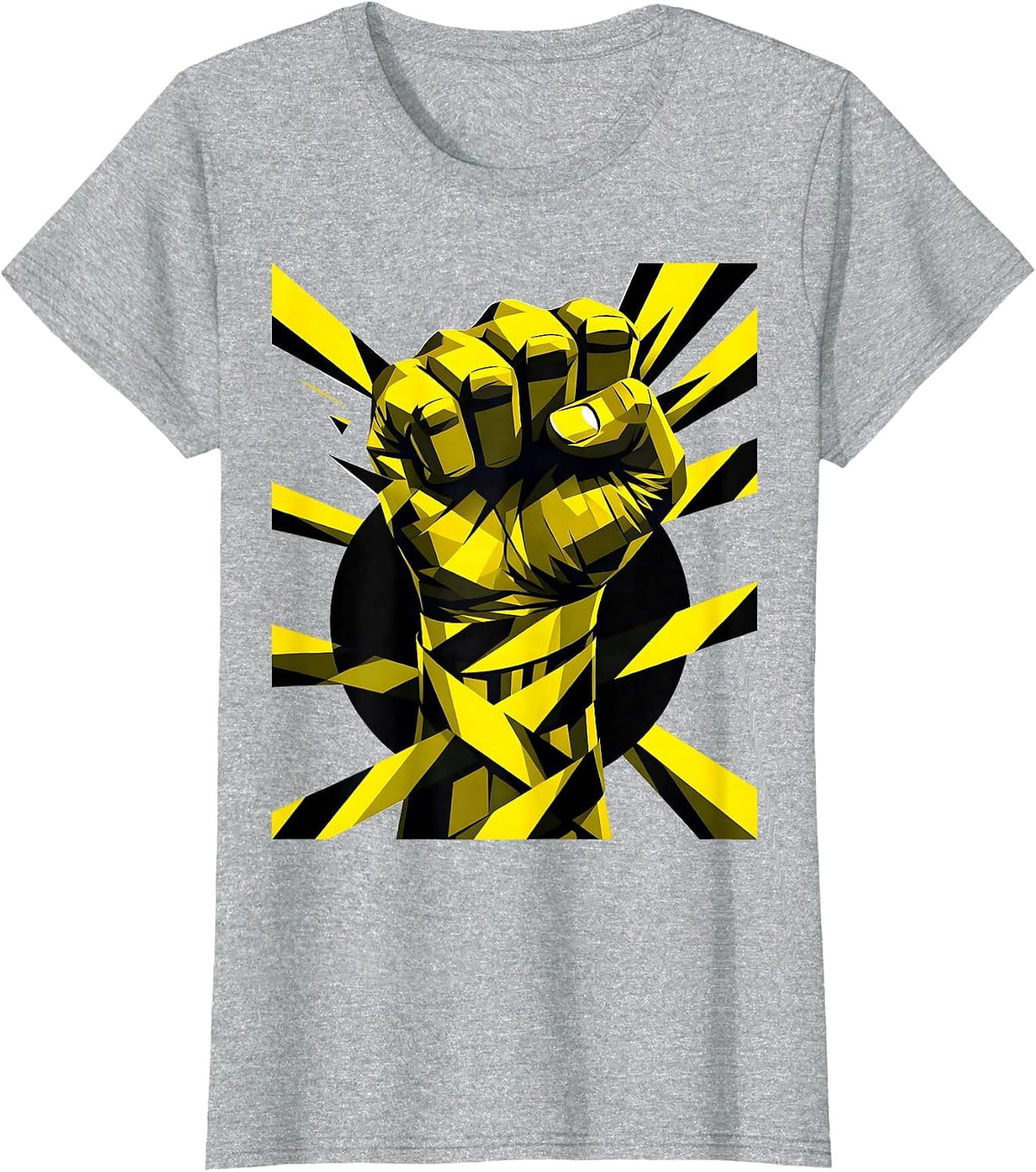 Caution Fist Yellow Black Striped Graphic T-Shirt - Heather Grey