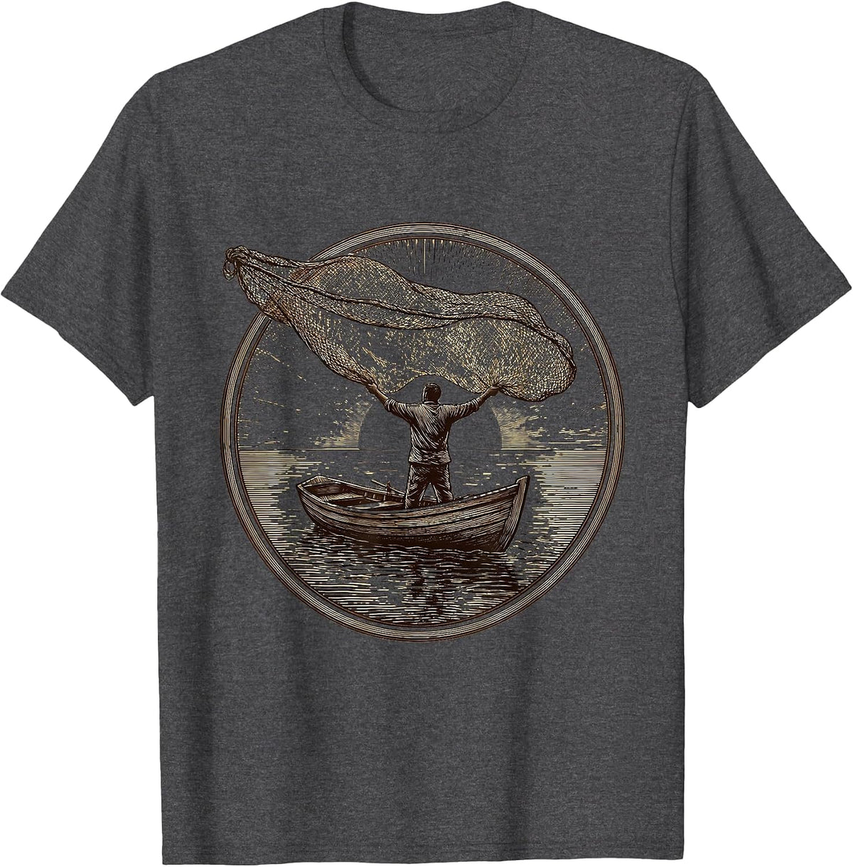 Jesus Saves Fisherman Casting Net Sunrise Sea T-Shirt - Dark Heather Grey