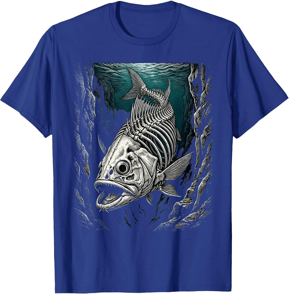 Men's Skeleton Fish Ocean Trench Deep Sea Illustration T-Shirt - Royal Blue