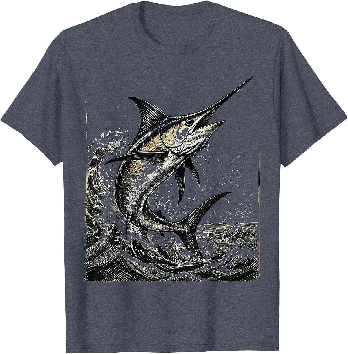 Marlin Jumping Ocean Waves Fishing Graphic T-Shirt - Heather Blue