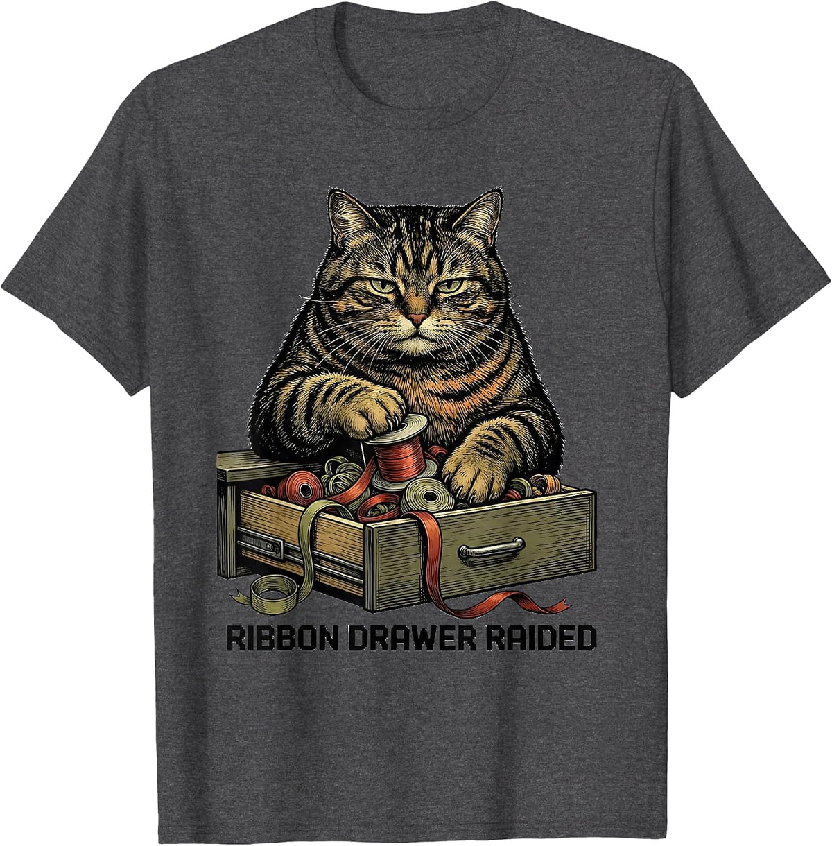Men's Ribbon Drawer Raided Funny Cat Lover Grumpy Christmas Humor T-Shirt - Dark Heather Grey