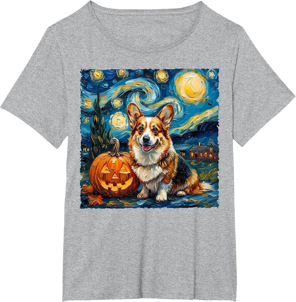 Pembroke Welsh Corgi Pumpkin Starry Night Style Halloween T-Shirt - Heather Grey