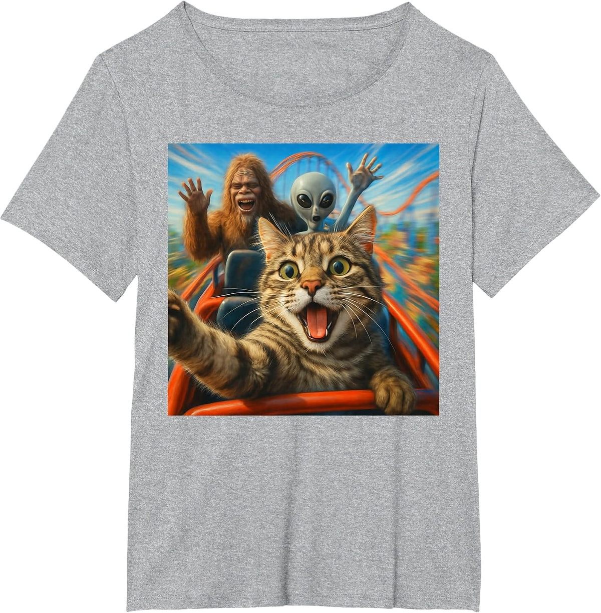 Funny Cat Selfie with Big Foot & Alien Roller Coaster Meme T-Shirt - Heather Grey