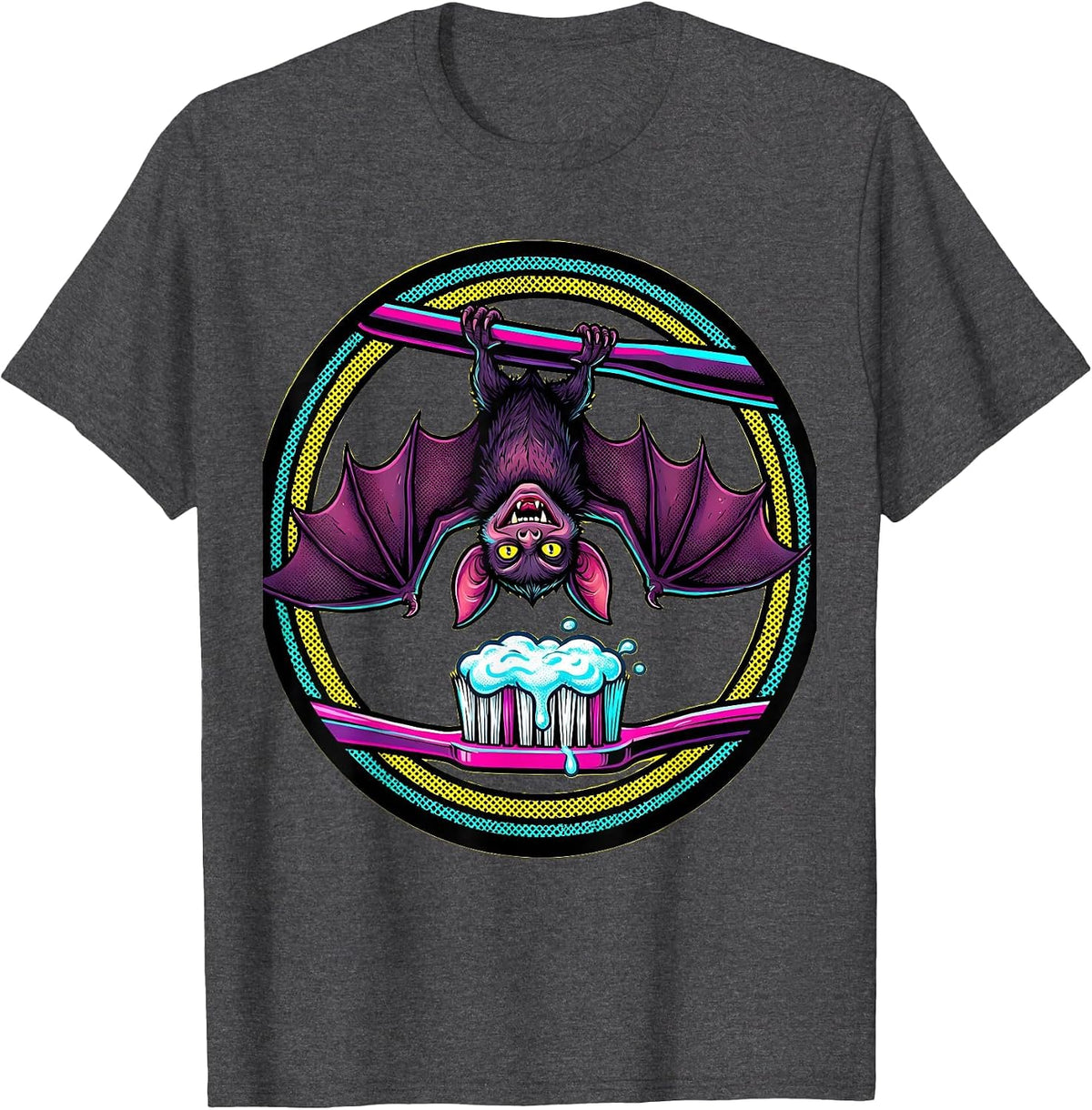 Vampire Bat on Toothbrush Halloween Dental Design T-Shirt - Dark Heather Grey
