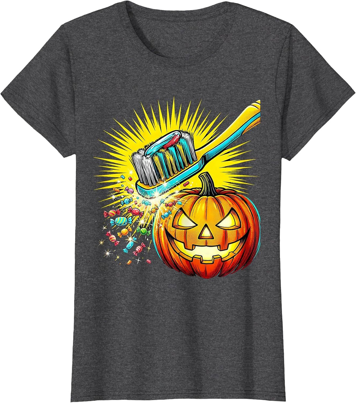 Women's Oversized Toothbrush Jack-O-Lantern Dental Humor Halloween T-Shirt - Dark Heather Grey