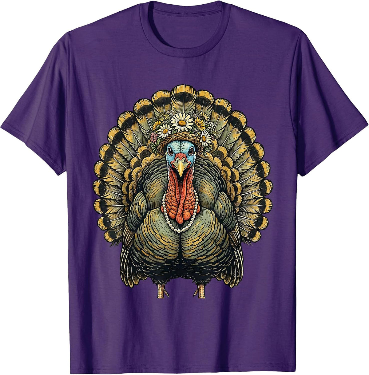 Floral Crown Turkey with Pearls Illustration T-Shirt - Purple