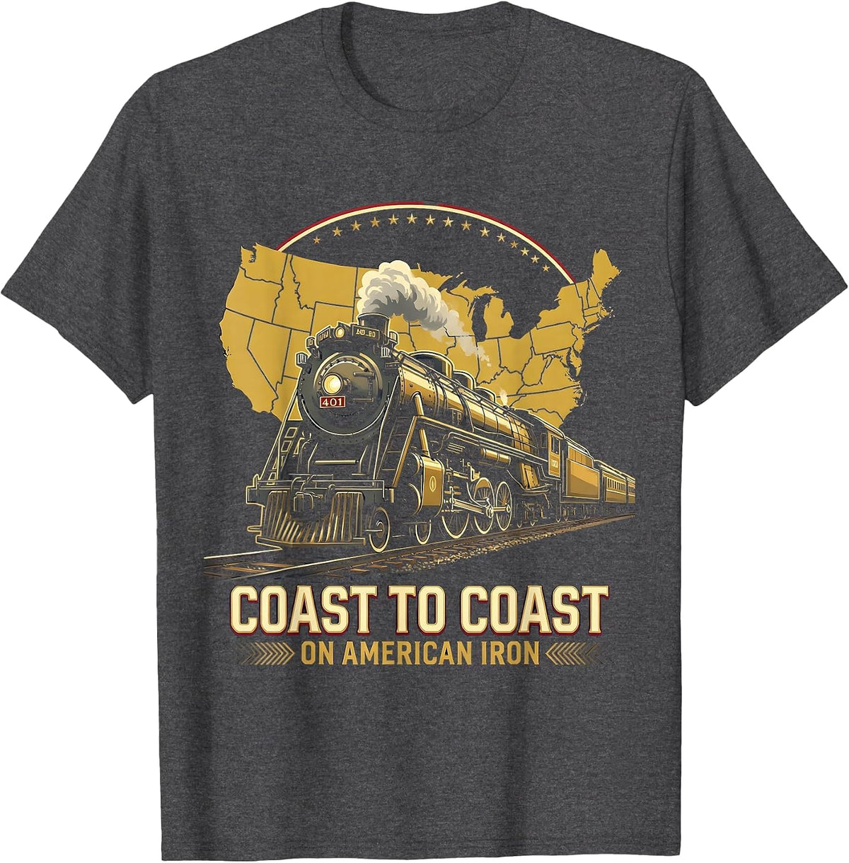 Coast to Coast on American Iron Locomotive Design T-Shirt - Dark Heather Grey