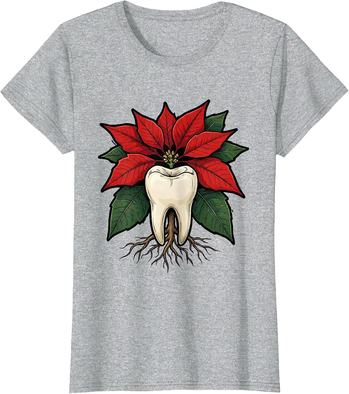 Twin-Root Poinsettia Funny Dental Christmas Dentist Humor T-Shirt - Heather Grey