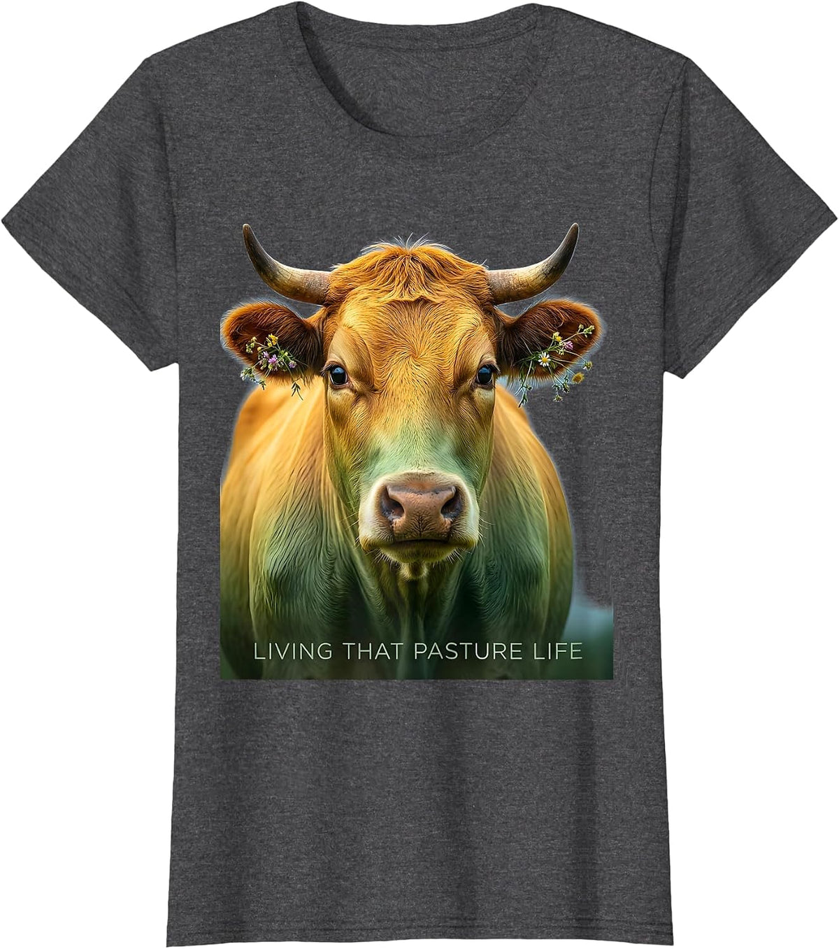Women's Living That Pasture Life Cow Graphic Design T-Shirt - Dark Heather Grey
