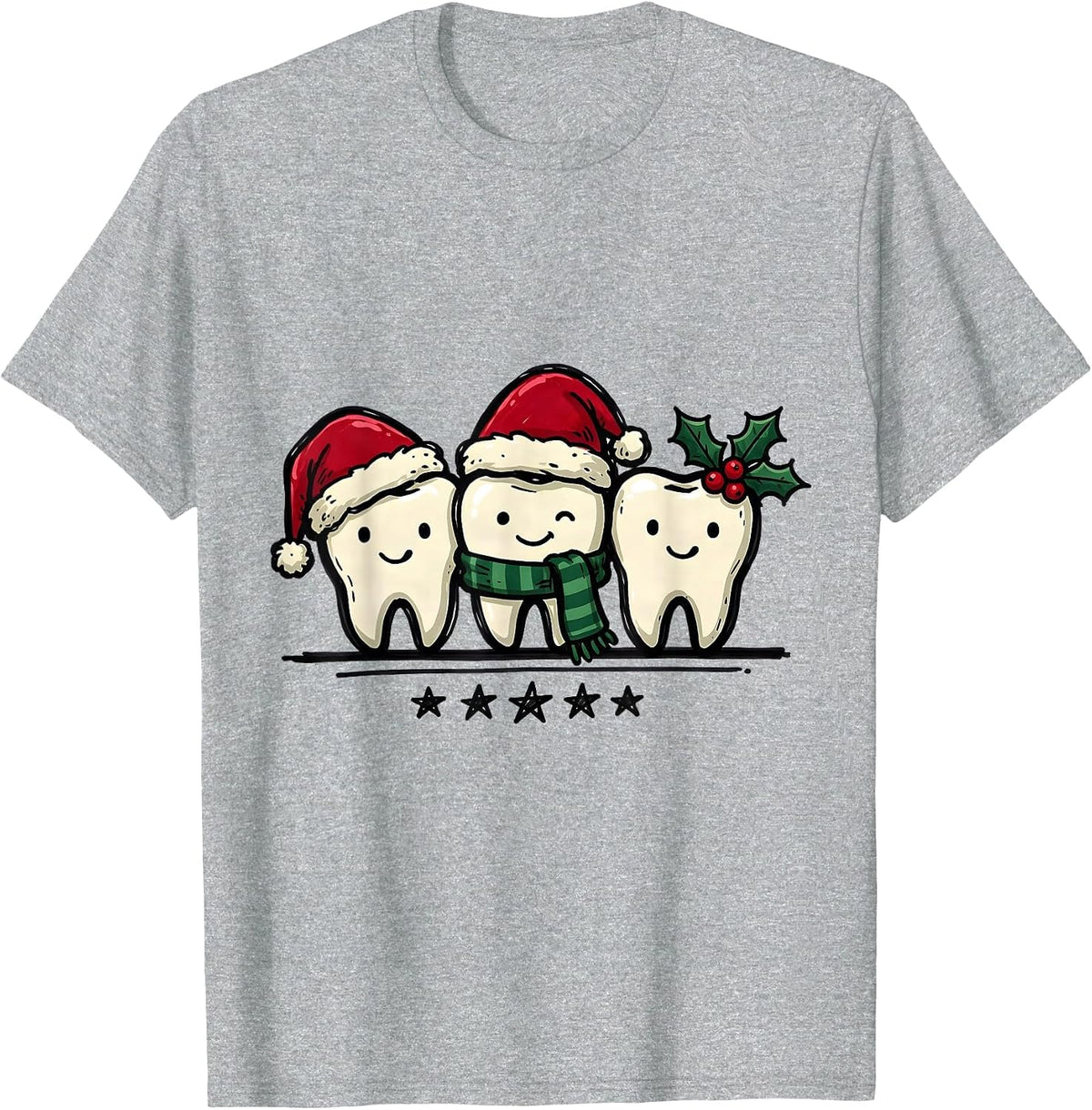 Men's Three Teeth Dental Christmas Staff Humor Crew T-Shirt - Heather Grey