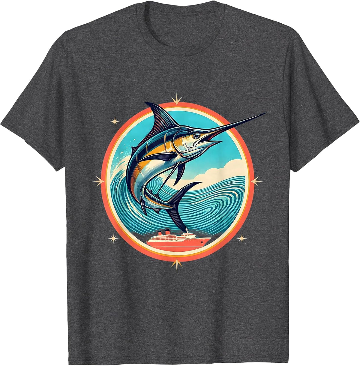 Giant Marlin Leaping Over Ship Wake Cruise T-Shirt - Dark Heather Grey