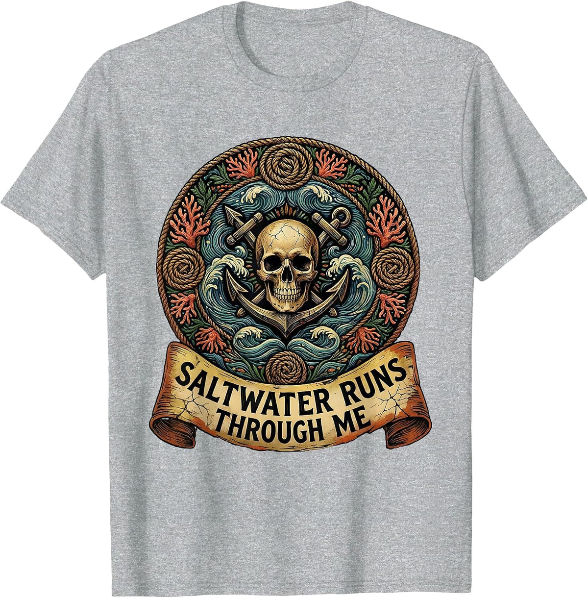 Men's Saltwater Runs Through Me Pirate Design T-Shirt - Heather Grey