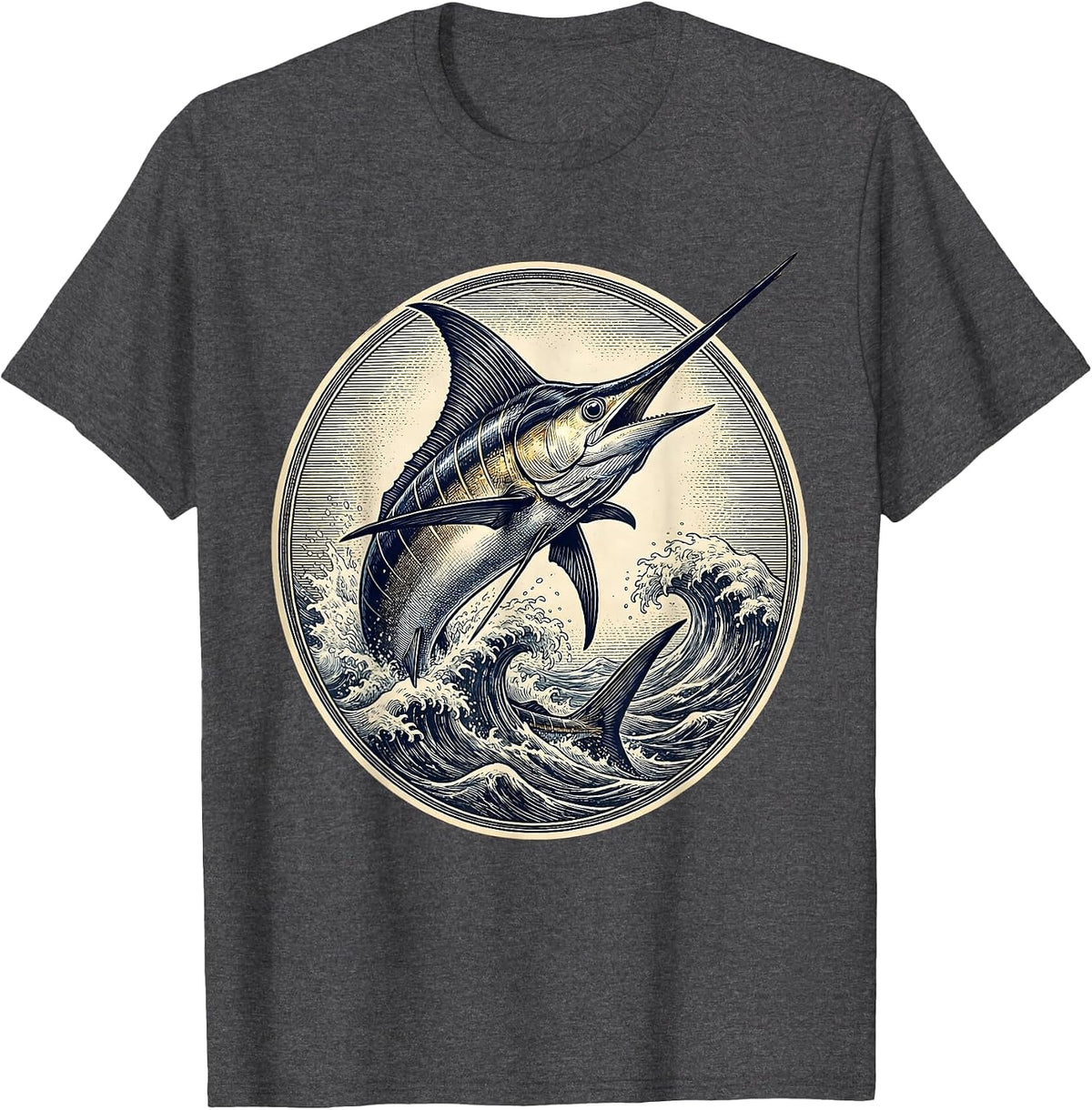 Giant Marlin Breaching Ocean Waves Fishing Design T-Shirt - Dark Heather Grey