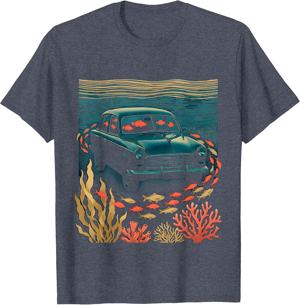 Men's Underwater Car Submerged Fish Swimming Through Windows T-Shirt - Heather Blue
