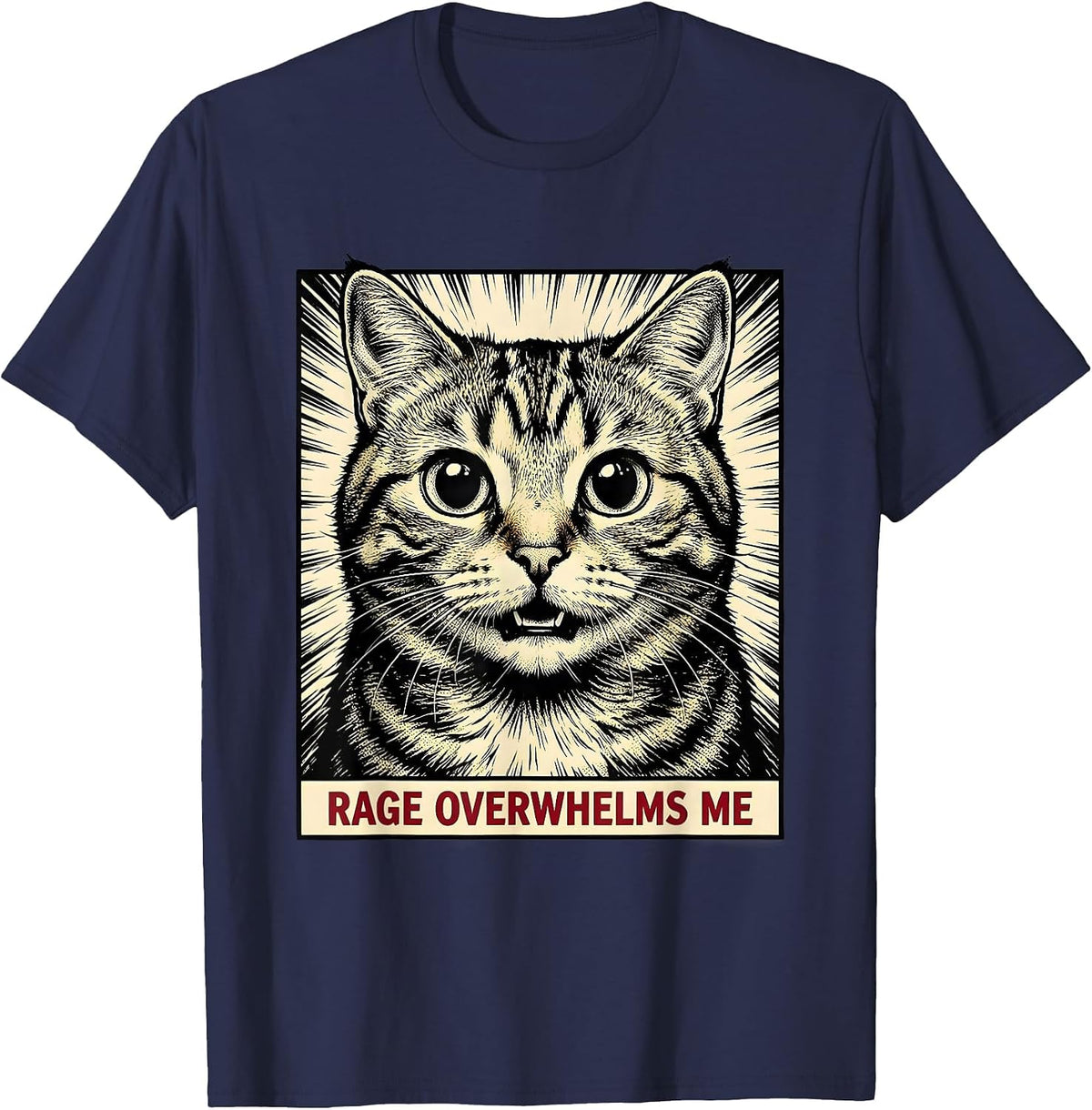 Men's Rage Overwhelms Me Comic Book Cat Meme Sarcastic Humor T-Shirt - Navy Blue