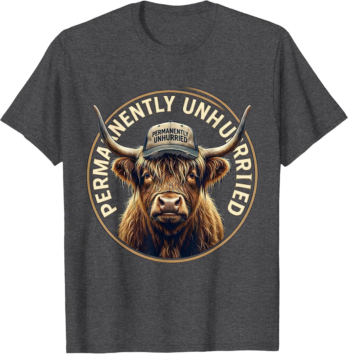 Men's Permanently Unhurried Highland Cow Humor Farm Life T-Shirt - Dark Heather Grey