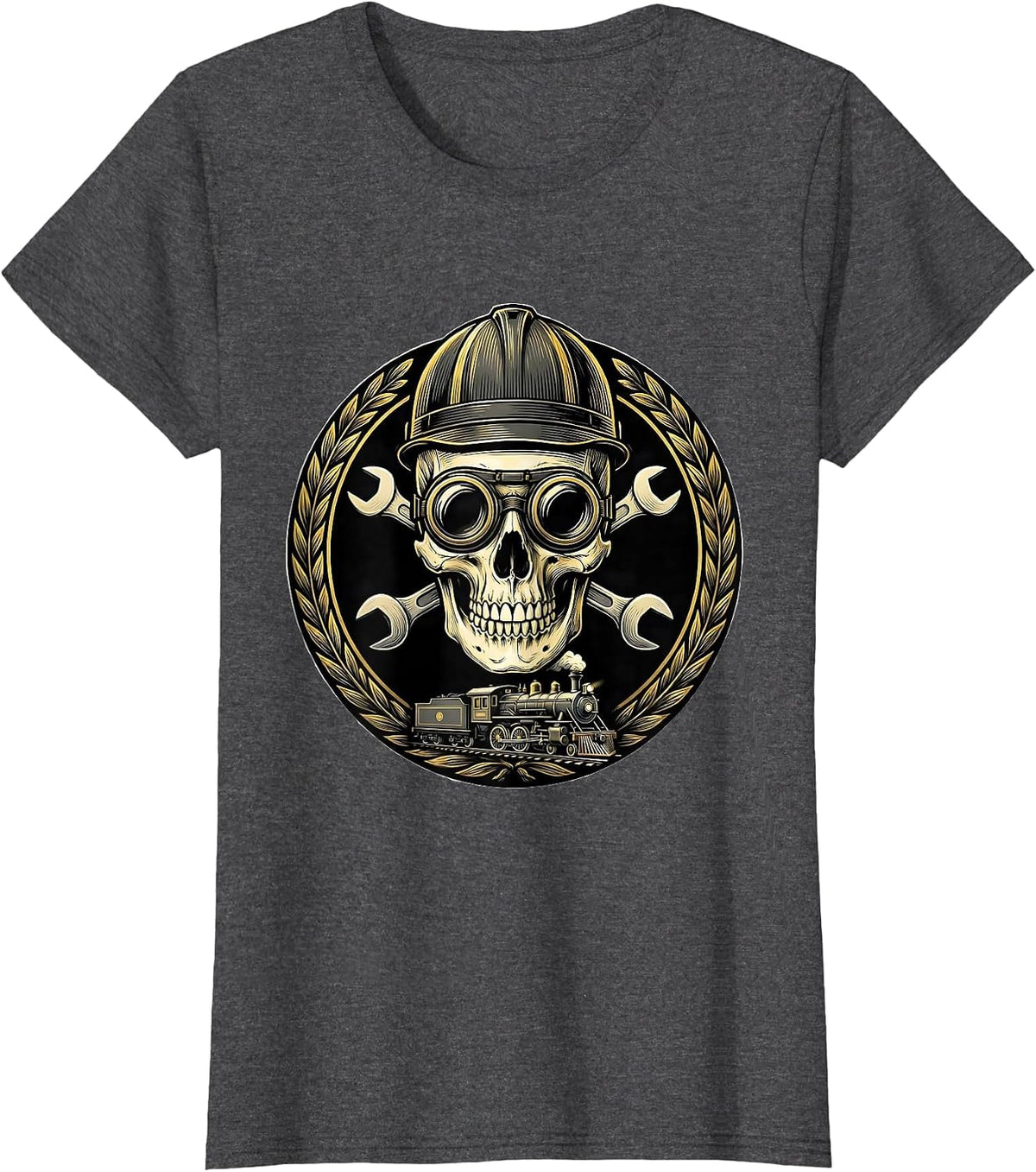 Women's Skull Engineer Cap and Goggles Graphic Tee T-Shirt - Dark Heather Grey