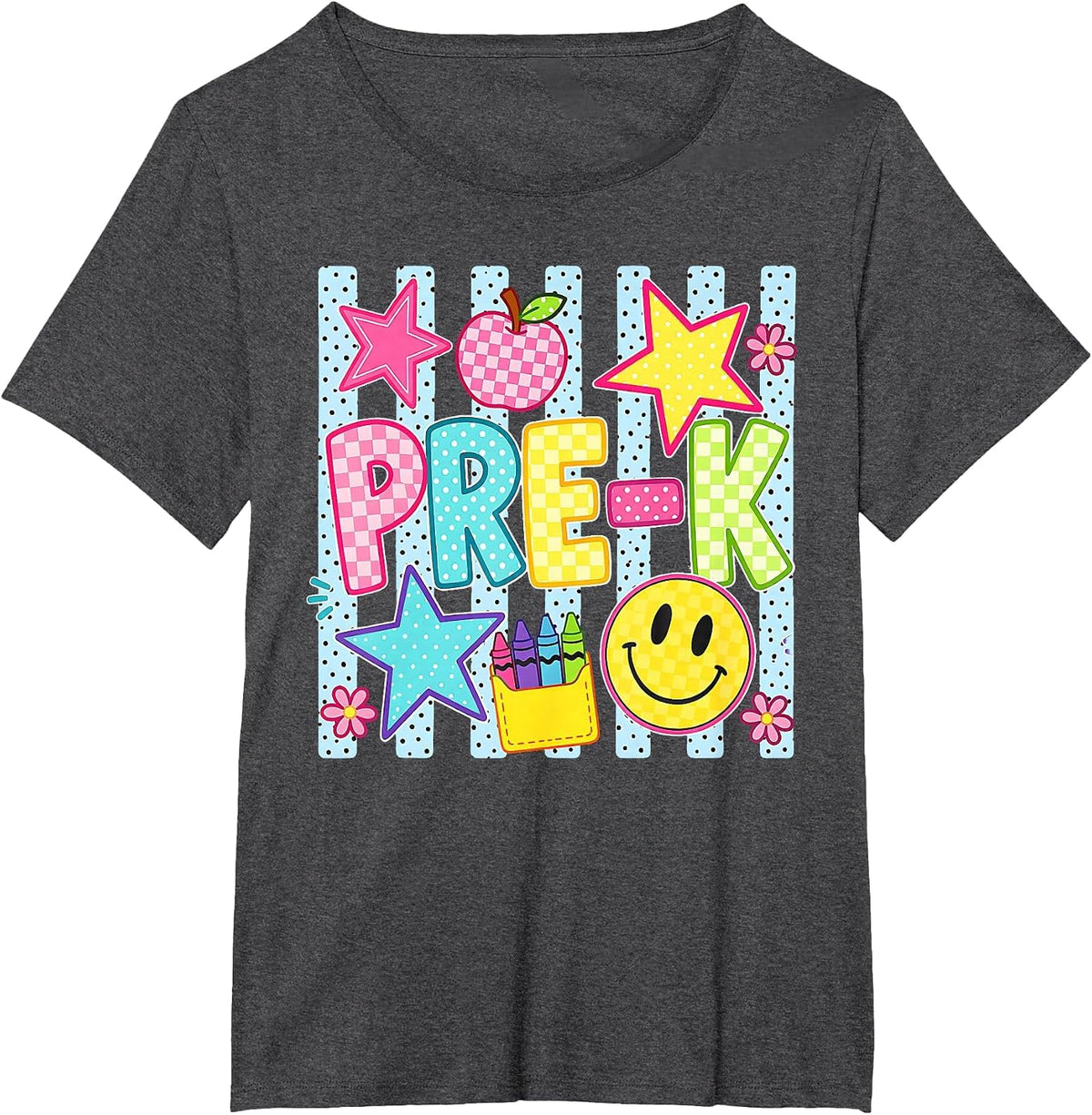 Striped Preppy Preschool Back to School Teacher Girl Kids T-Shirt - Dark Heather Grey