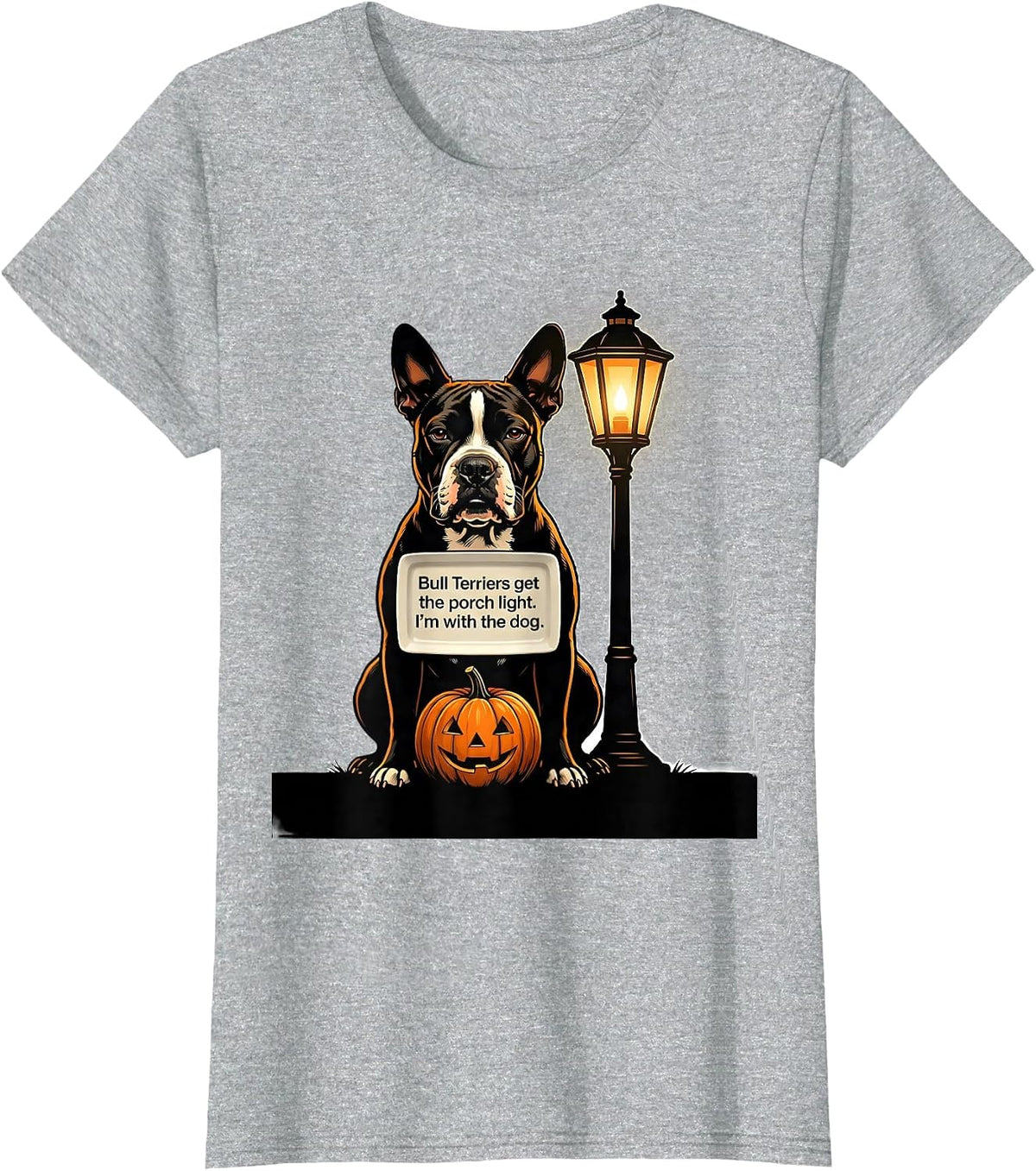 Women's Bull Terriers get the porch light. I'm with the dog. Funny T-Shirt - Heather Grey