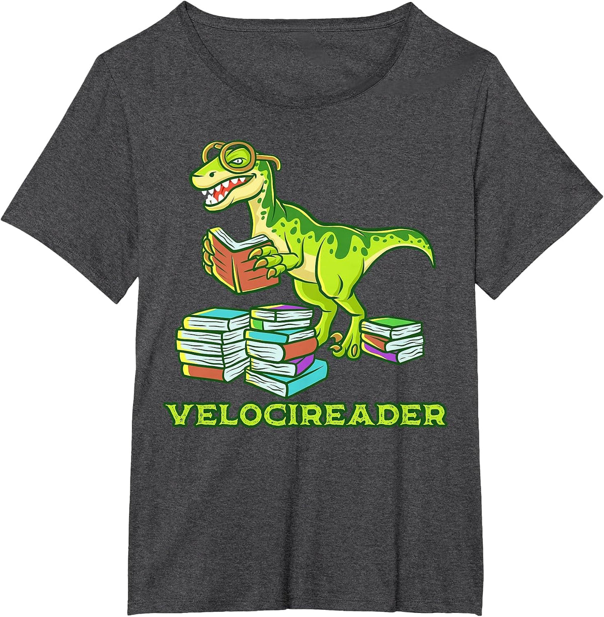 Velocireader Dinosaur Book Reading Velociraptor Dino T-Shirt - Dark Heather Grey