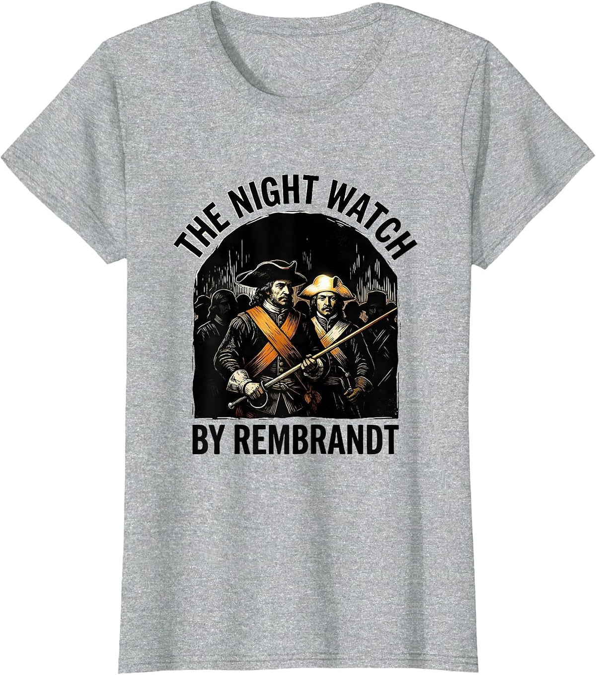 Women's THE NIGHT WATCH BY REMBRANDT Linocut Art Lover Parody T-Shirt - Heather Grey