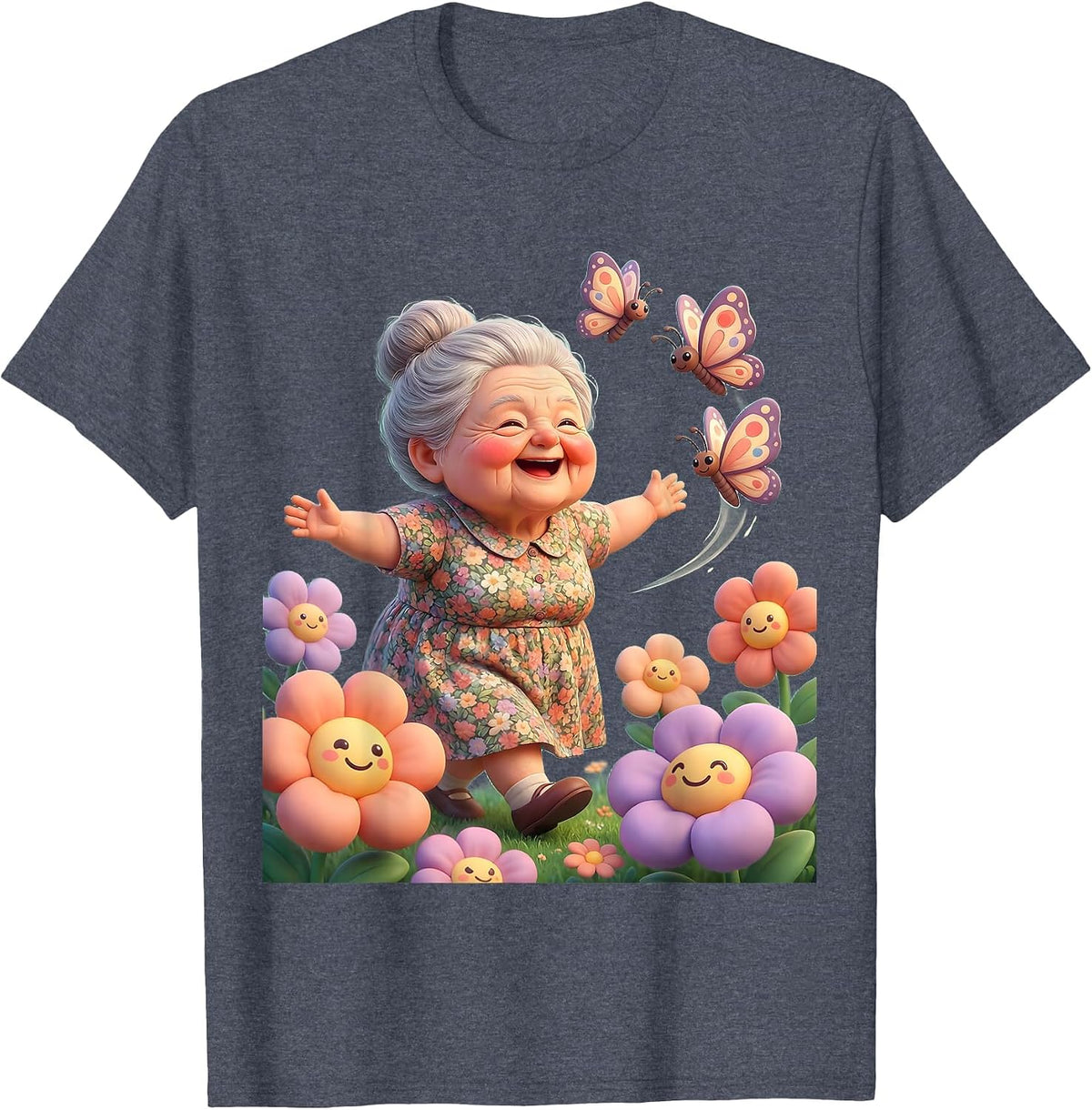 Mimi Chasing Butterflies in the Field T-Shirt - Heather Blue