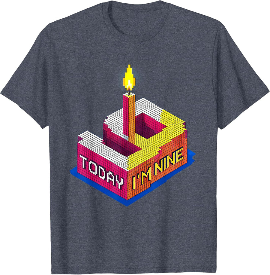 Today I'm Nine Cute Pixel Art Birthday Kid Matching Party T-Shirt - Heather Blue