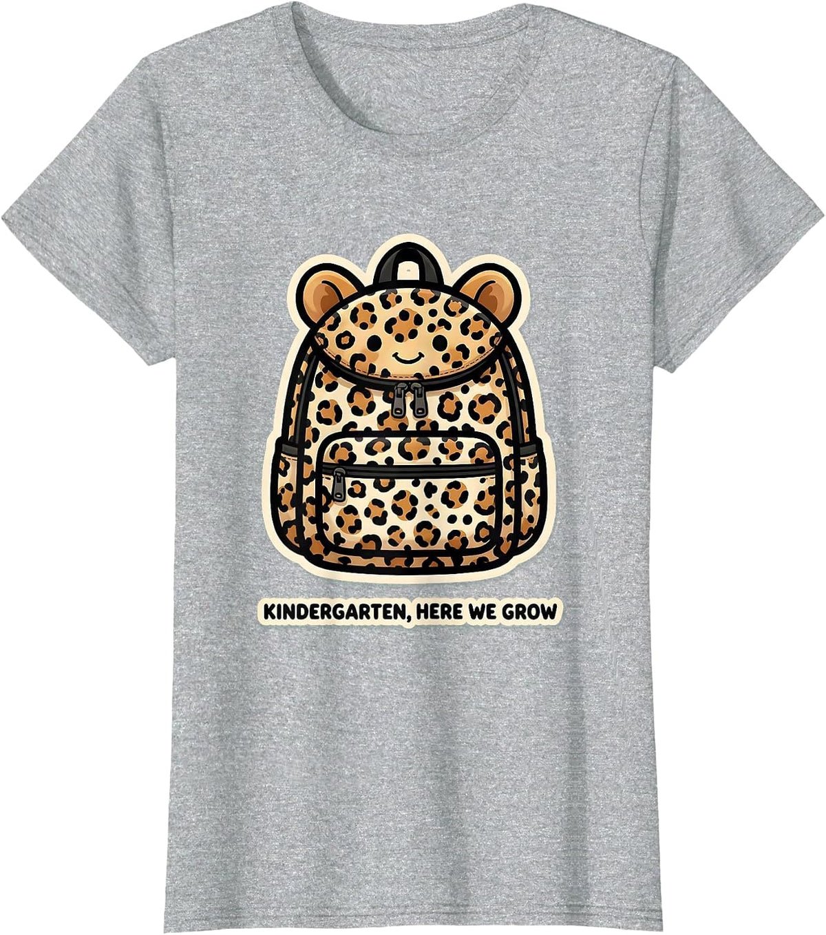 Kindergarten, Here We Grow Cute Leopard Print Teacher Back T-Shirt - Heather Grey