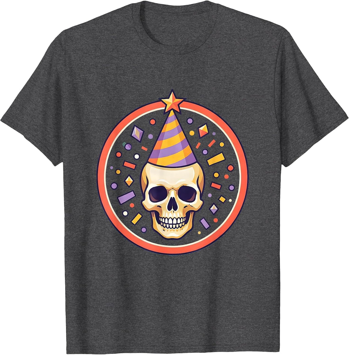 Men's Birthday Squad Skull Party Hat Confetti Design T-Shirt - Dark Heather Grey
