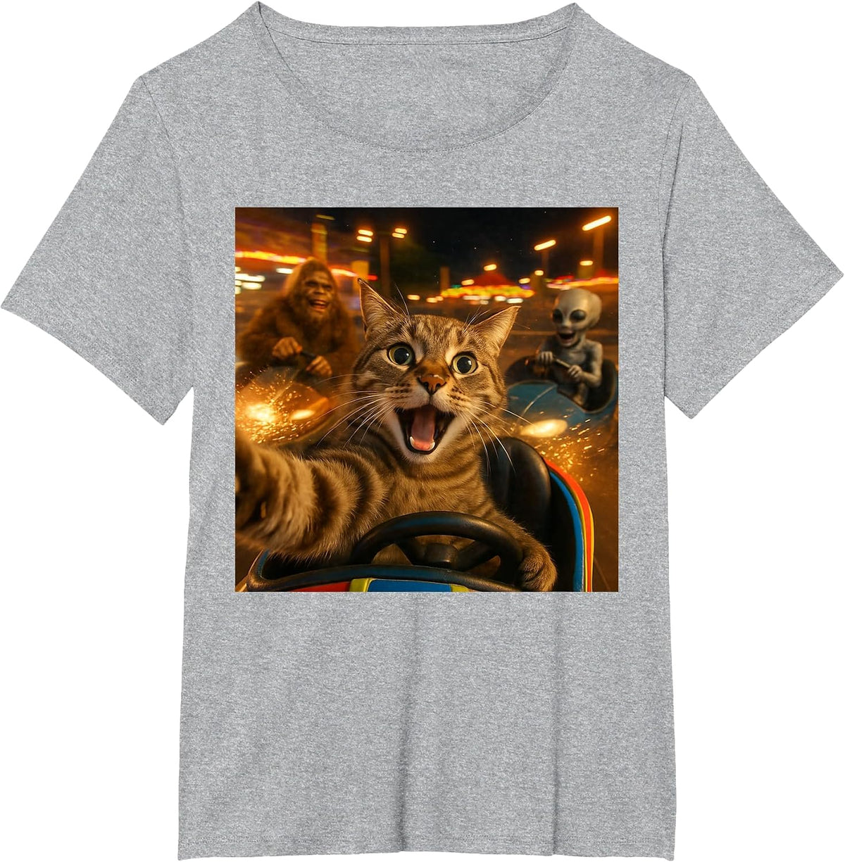 Funny Cat Selfie with Big Foot & Alien Bumper Car Meme T-Shirt - Heather Grey
