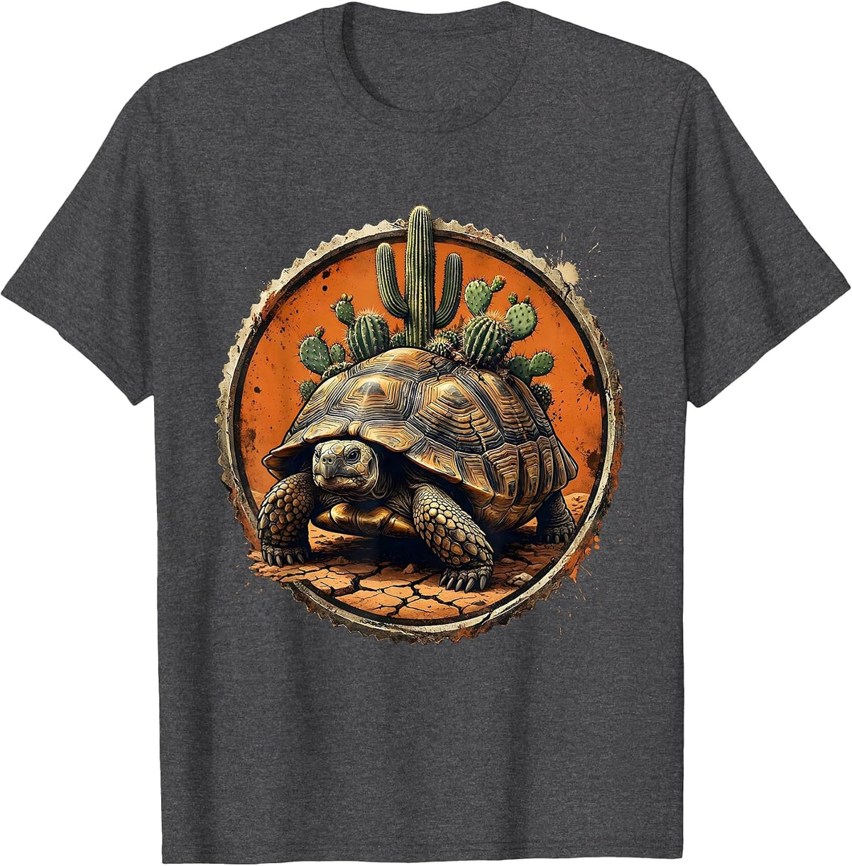 Men's Desert Tortoise with Cacti Western Nature Design T-Shirt - Dark Heather Grey
