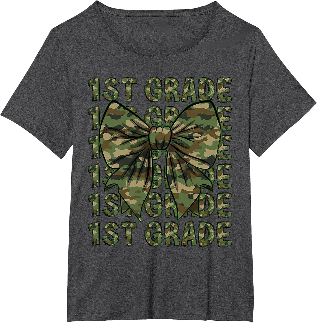 1st Grade Teacher Student Camo Bow Back to School T-Shirt - Dark Heather Grey