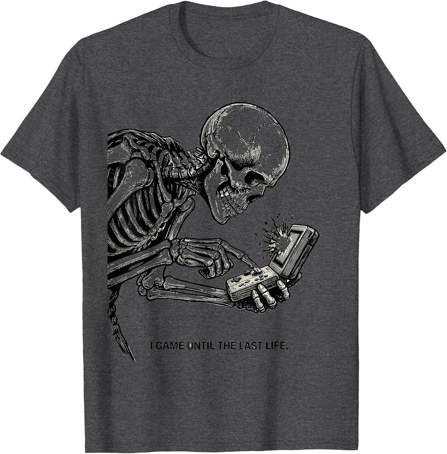 Men's I Game Until The Last Life Funny Halloween Skeleton Gamer T-Shirt - Dark Heather Grey