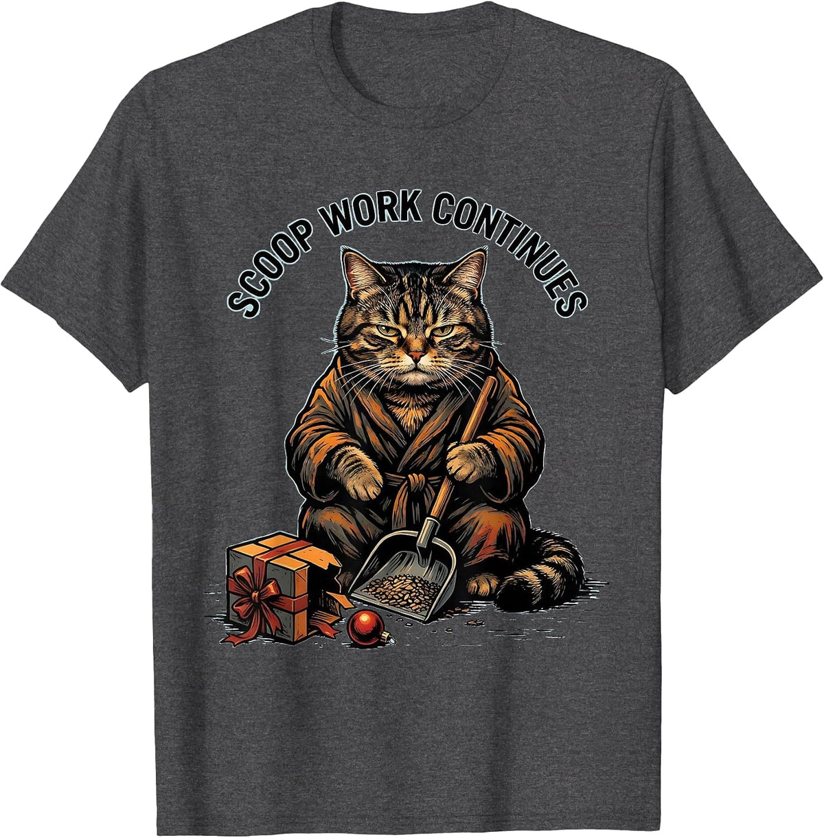 Scoop Work Continues Funny Cat Lover Christmas Grumpy Humor T-Shirt - Dark Heather Grey