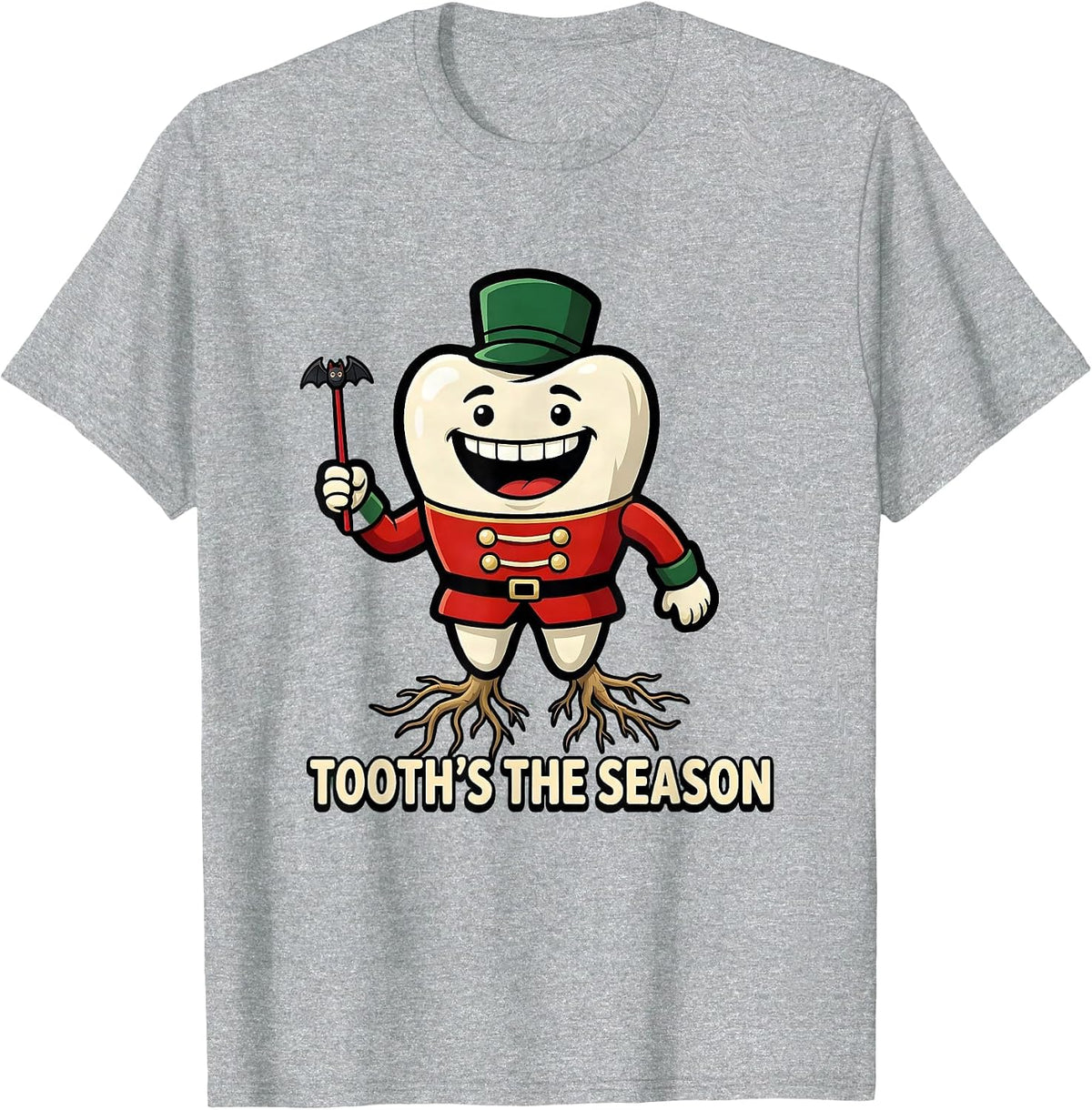 Men's Tooth's the Season Funny Cartoon Dentist Christmas Dental T-Shirt - Heather Grey