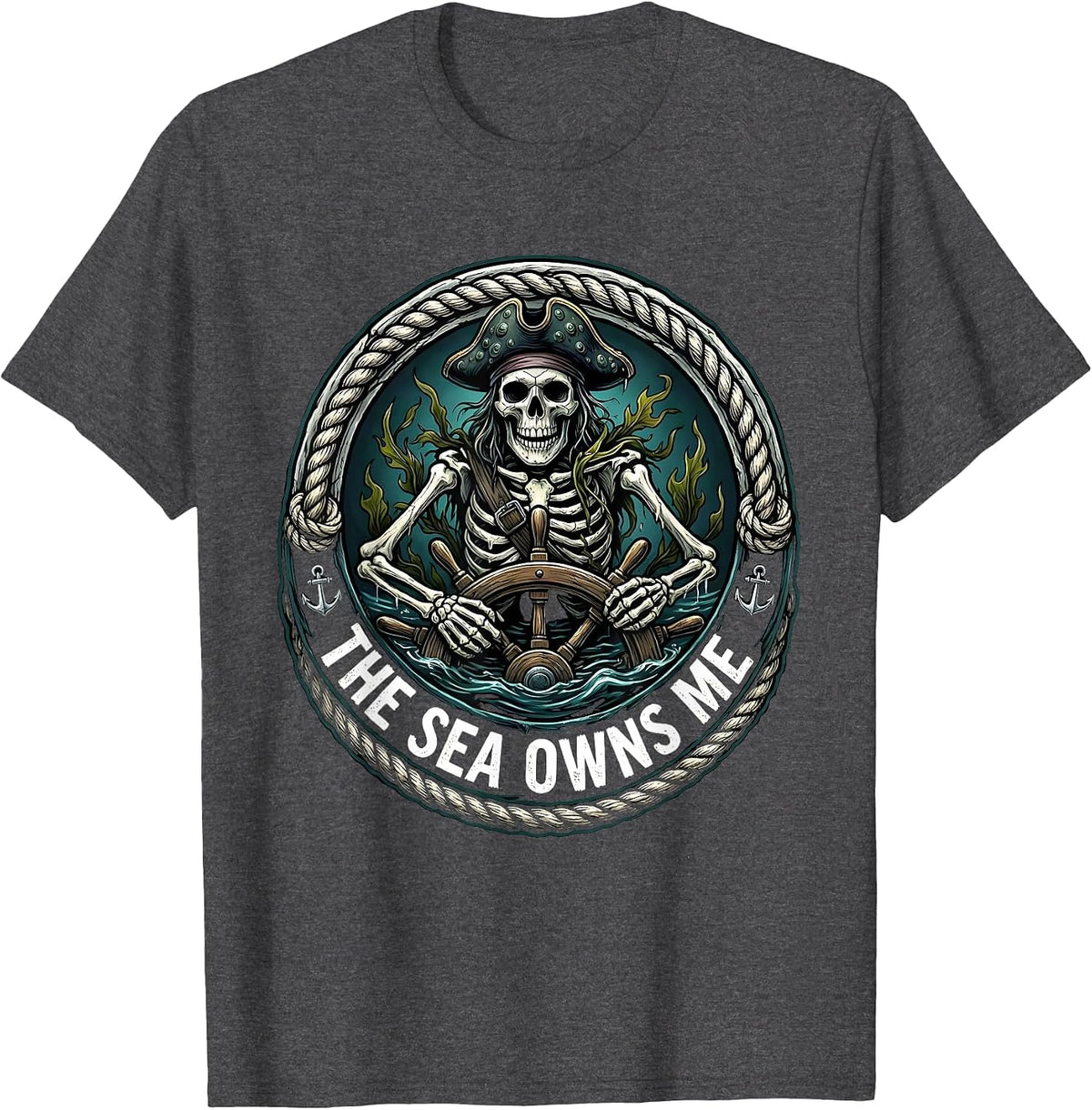 Men's The Sea Owns Me Pirate Ocean Design T-Shirt - Dark Heather Grey