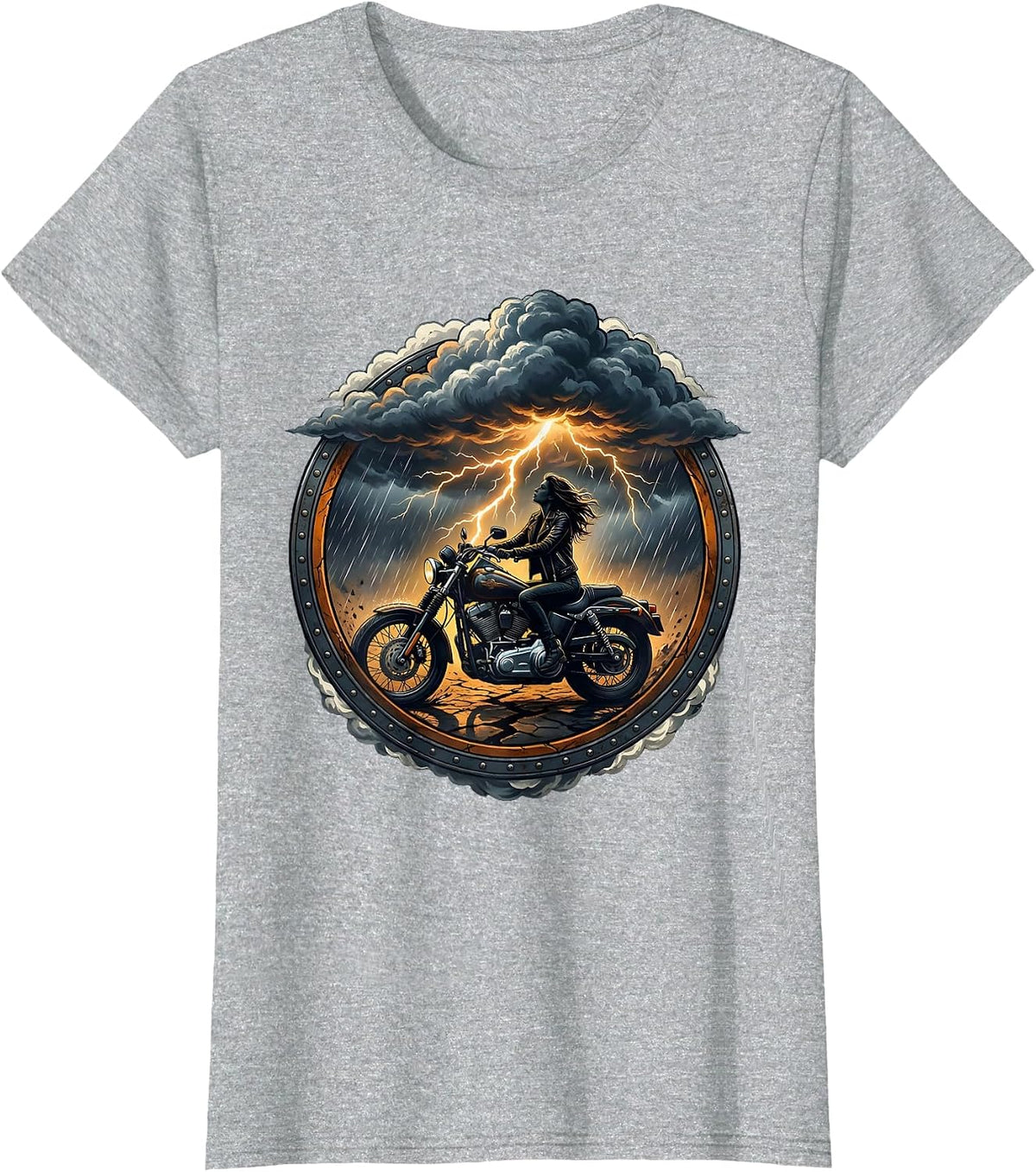 Biker Storm Chaser Lightning Strike Graphic T-Shirt - Heather Grey