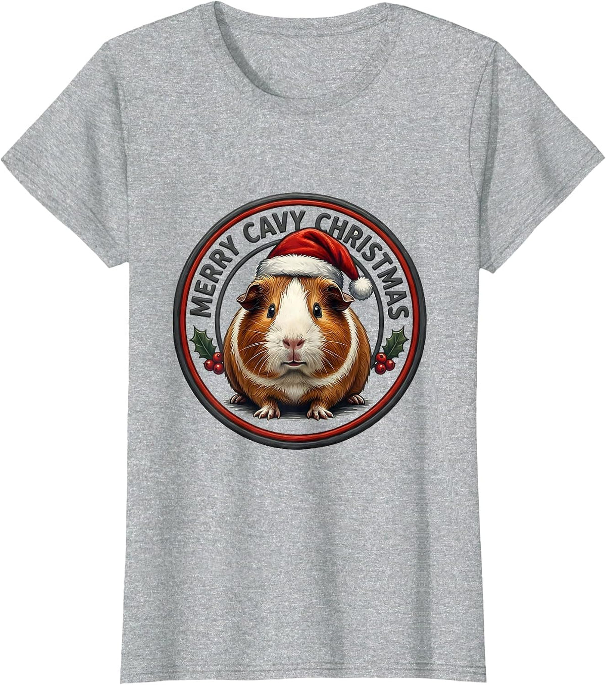 Women's Merry Cavy Christmas Funny Guinea Pig Santa Hat Holiday T-Shirt - Heather Grey