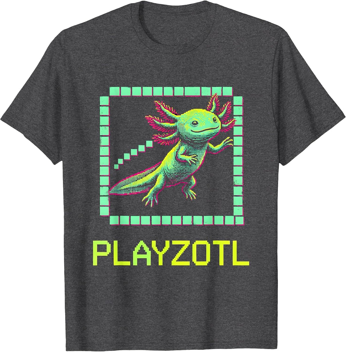Men's Playzotl Pixel Art Kawaii Axolotl Gamer Kids Gift T-Shirt - Dark Heather Grey