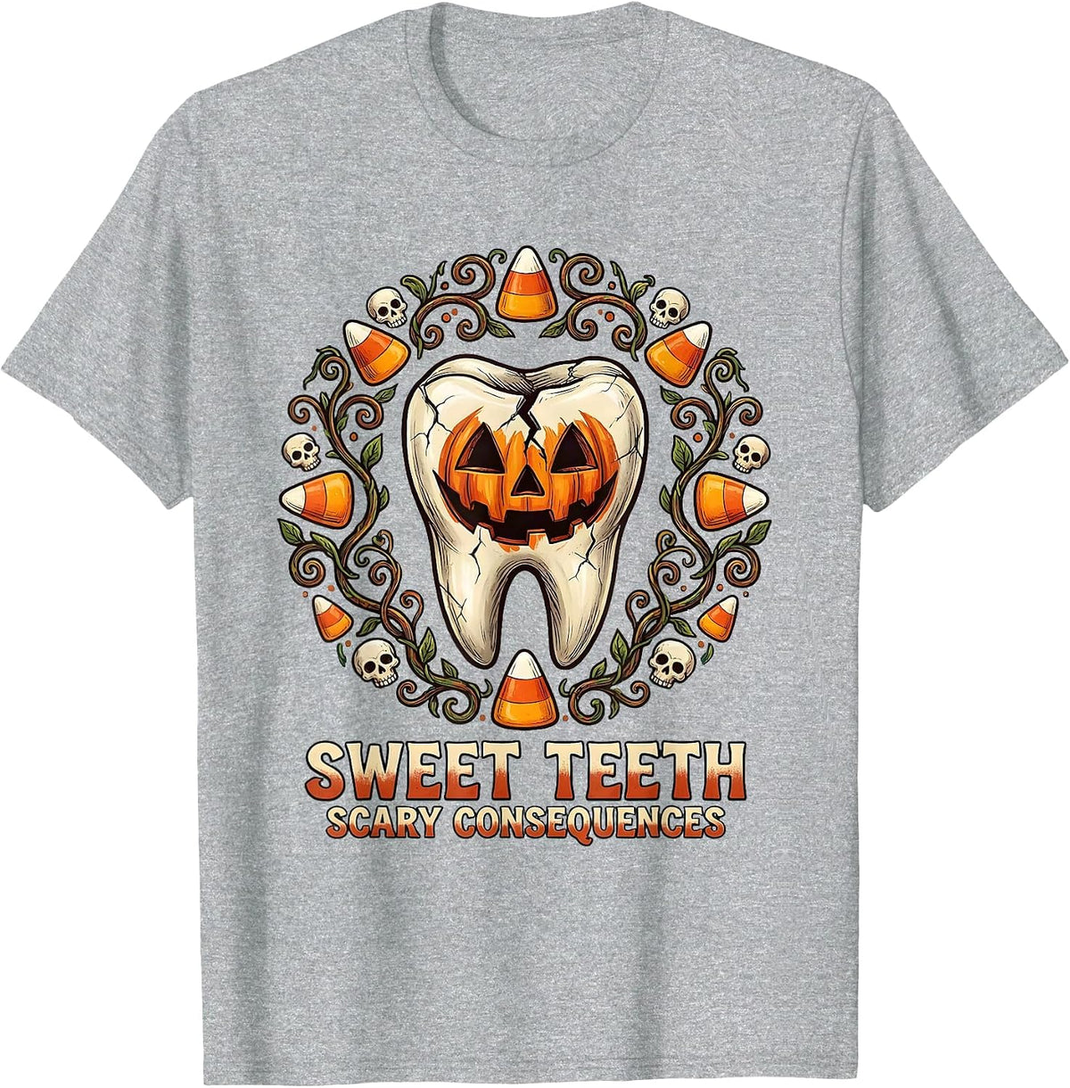 Men's Sweet Teeth Scary Consequences Dental Halloween T-Shirt - Heather Grey