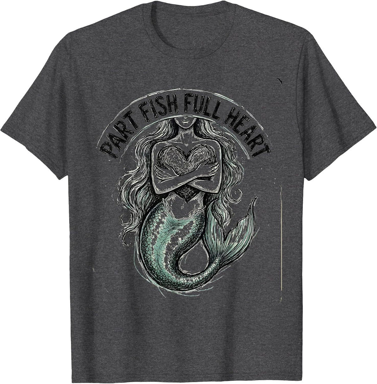 Part Fish Full Heart Mermaid Design T-Shirt - Dark Heather Grey